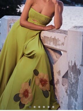 Zunilda Gutiérrez by anthropology,Strapless Lime Green Floral Wide-Leg Jumpsuit